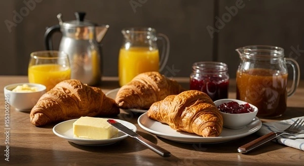 Fototapeta Golden Hour Breakfast: Croissants, Jam, and Orange Juice Delight