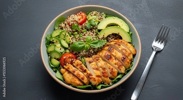 Fototapeta Savor the vibrant flavors of this healthy quinoa chicken bowl, a perfect blend of grilled chicken, fresh avocado, and colorful veggies.