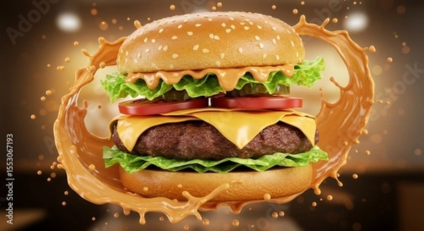 Fototapeta Juicy Cheeseburger Soaring Through a Delicious Sauce Splash