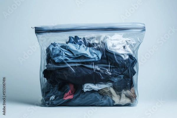 Fototapeta Airless plastic bag for reducing the size of clothes storage 