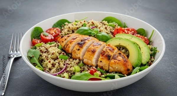 Fototapeta Grilled Chicken Quinoa Salad Bowl: A vibrant, healthy meal bursting with flavor and freshness.