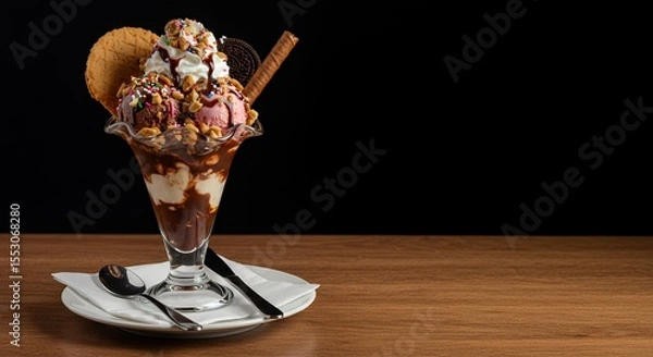 Fototapeta Indulge in this decadent chocolate sundae, a symphony of creamy ice cream, crunchy cookies, and rich chocolate sauce.