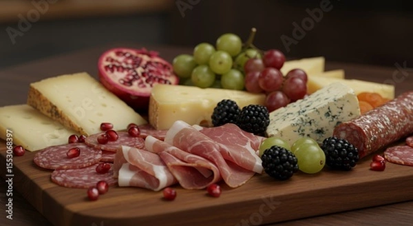 Fototapeta Indulge in this gourmet charcuterie board, a feast for the senses with artisan cheeses, cured meats, and fresh fruit.