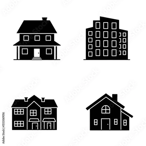 Fototapeta Set of realistic houses, Real estate, construction, rent, sale, security. on a white background. Vector