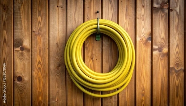 Fototapeta Yellow garden hose neatly coiled and hanging on a wooden wall, showcasing a tidy outdoor space