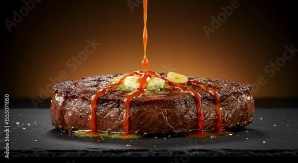 Fototapeta Sizzling Steak Drizzled with Rich Sauce, a Culinary Masterpiece