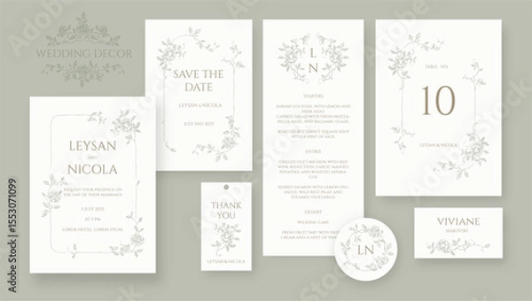 Fototapeta Elegant wedding set. Hand drawn roses border and frame pattern. Place cards, wedding invitation, table number, save the date, thank you card, menu, sticker.