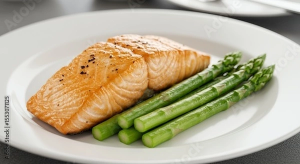 Fototapeta Pan-Seared Salmon with Fresh Asparagus: A Delicate Dinner Delight