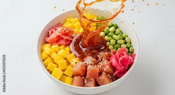 Fototapeta Savory Salmon Poke Bowl with Mango and a Splash of Umami