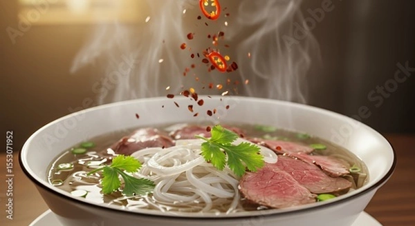 Fototapeta Steaming Pho with Sizzling Chili Flakes: A Culinary Delight