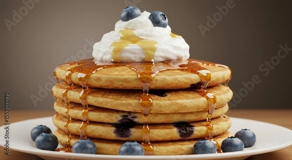 Fototapeta Golden Syrup Drizzles Delightful Blueberry Pancakes, Topped with Creamy Whipped Topping