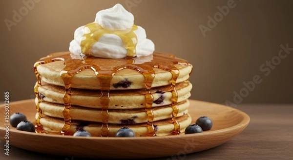 Fototapeta Golden Syrup Drizzles Delightful Blueberry Pancakes Topped with Whipped Cream