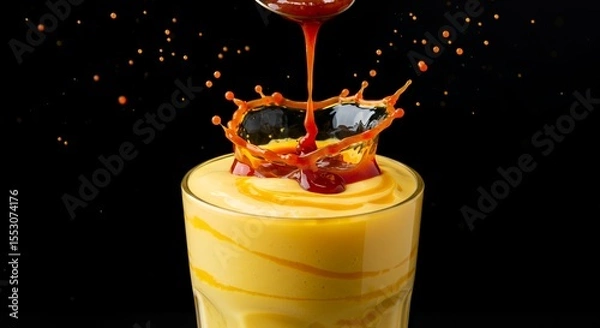 Fototapeta Golden Mango Lassi with Caramel Drizzle Creates a Stunning Splash