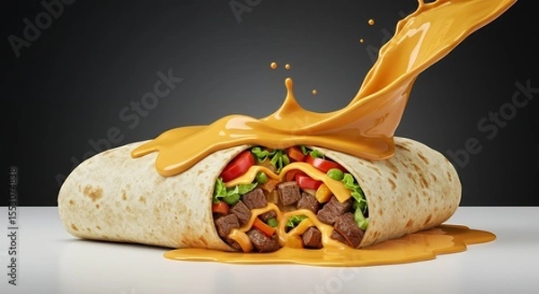 Fototapeta Cheesy Burrito Delight: Melted goodness explodes over a savory beef and veggie burrito.