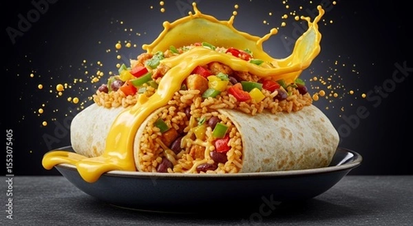 Fototapeta Burrito Bliss: Cheesy Chicken Burrito Exploding with Flavor