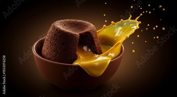 Fototapeta Molten Chocolate Lava Cake Explodes with Caramel Sauce in a Dramatic Splash
