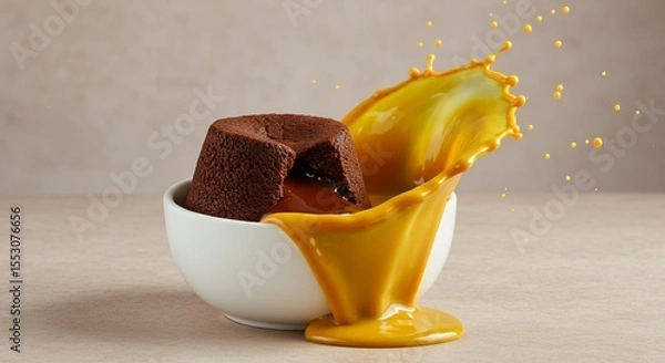 Fototapeta Molten Chocolate Lava Cake with a Splash of Golden Caramel Sauce