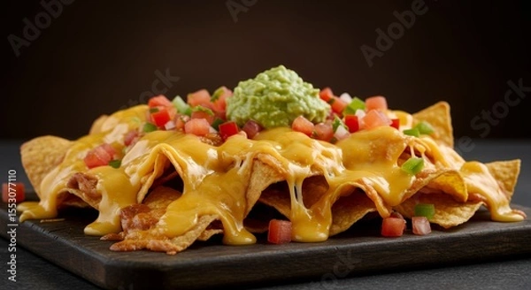 Fototapeta Melted Cheese Drizzles Over Crispy Nachos Topped with Guacamole and Pico de Gallo