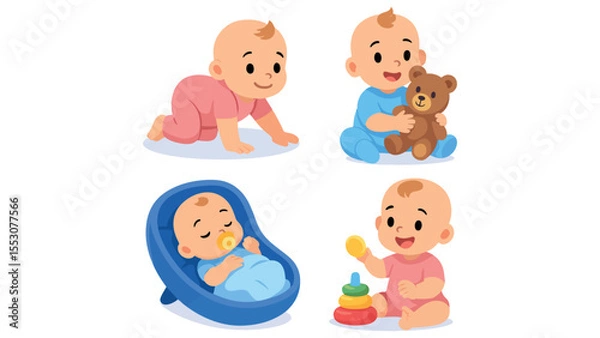 Obraz Adorable Baby and Kid Illustration Sleeping and Playing Moments Capturing Childhood Joy, Comfort, and Early Development in a Cute Style