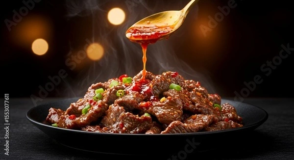 Fototapeta Sizzling Beef Stir-Fry Drizzled with Spicy Sauce, Steaming Hot and Ready to Devour
