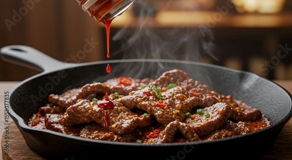 Fototapeta Savory Beef Stir-Fry Sizzles in a Cast Iron Pan, Drizzled with Rich Sauce
