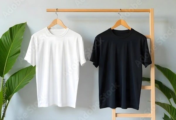 Obraz White t-shirt hanging on hanger in clothing store displaying casual cotton apparel design template