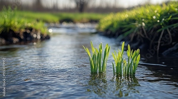 Obraz Tranquil freshwater stream with budding plants in early spring 