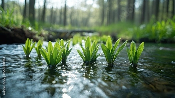 Obraz Tranquil freshwater stream with budding plants in early spring 