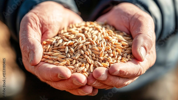 Fototapeta Close-up of hands gently holding wheat kernels during quality control inspection, blurred agricultural background, soft daylight