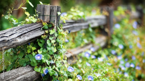 Fototapeta Close-up of a rustic wooden garden fence covered in climbing vines and blooming flowers, shallow depth of field, natural countryside aesthetic
