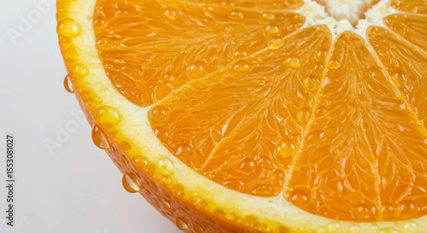 Fototapeta Macro shot of a fresh orange slice with water drops. High-resolution food texture.

