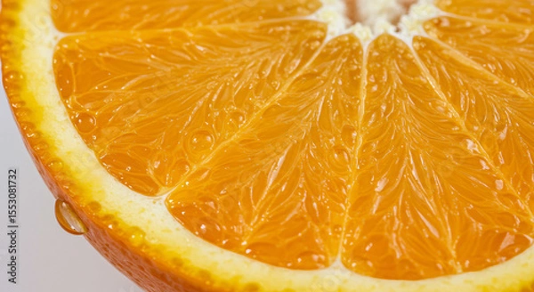 Fototapeta Macro shot of a fresh orange slice with water drops. High-resolution food texture.

