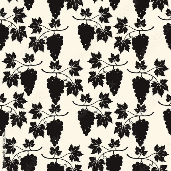 Obraz Dark Grape vine pattern, vine silhouette on creme background. 