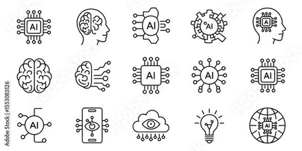 Fototapeta AI and Machine Learning Icon Set – 16 Black and White Line Art Symbols in 4x4 Grid Featuring Neural Networks, Processors, Brains, and Circuits on White Background for Tech and Innovation Projects