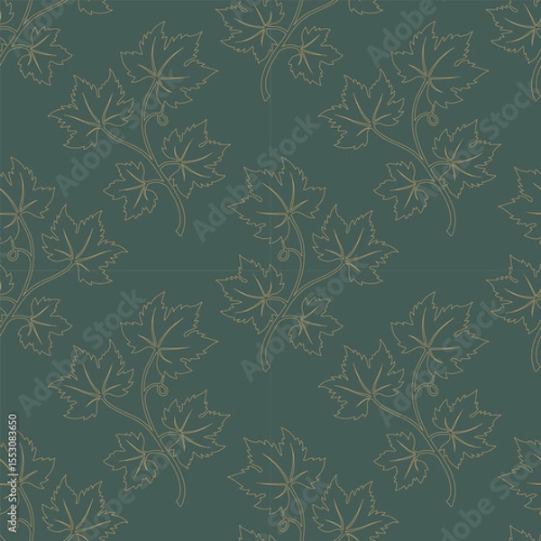 Obraz Golden vine grapes on green background, pattern with grape contours. Textile background.