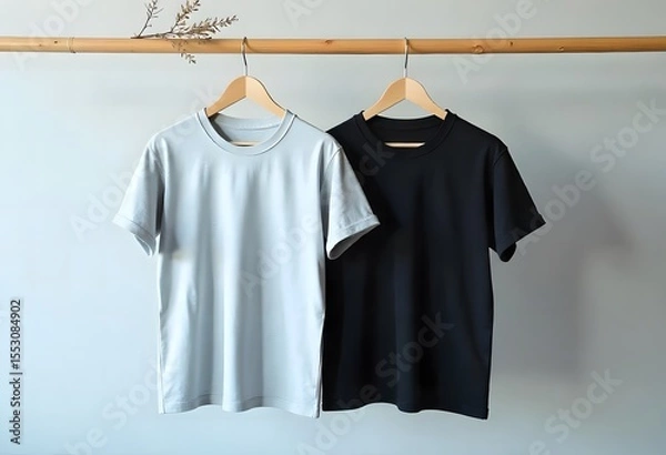 Obraz A variety of shirts and t-shirts on hangers, perfect for showcasing casual clothing designs and apparel templates