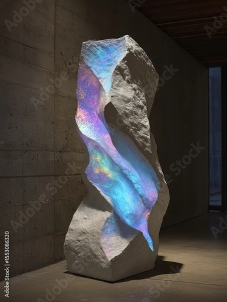 Fototapeta Abstract stone sculpture with iridescent light.