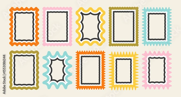 Fototapeta Serrated scallop funky bubble decorative tags. Vintage curvy text boxes photo elements. Cute squiggle line rectangle stamps. Retro psychedelic wiggly border picture frame shapes. Wavy label templates
