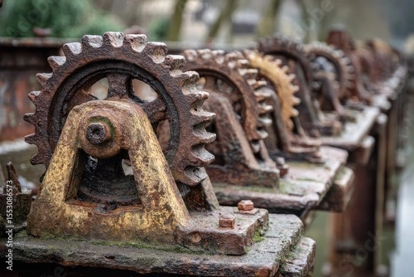 Fototapeta Close-up view of weathered gears and machinery parts.