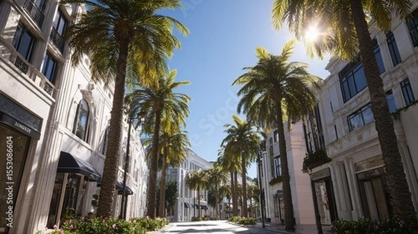Fototapeta Palm trees elegance luxury shopping street sunny sky retail architecture boutique destination
