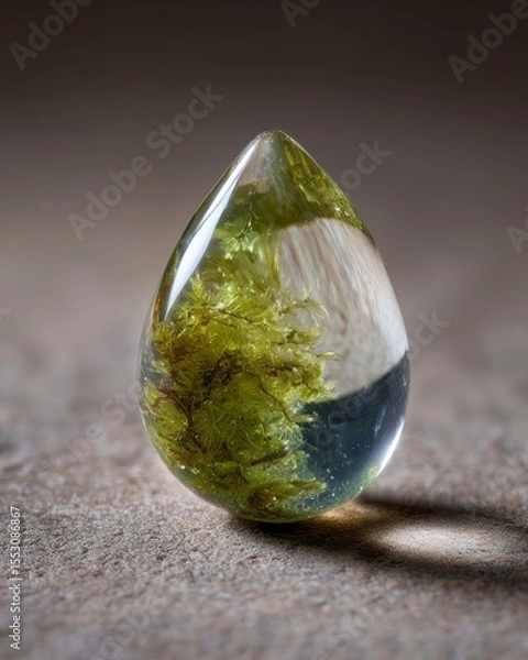 Fototapeta Transparent teardrop-shaped gemstone with embedded moss.