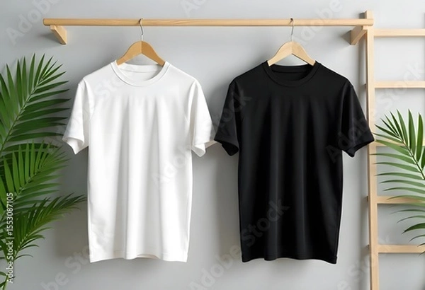 Obraz Shirts and clothes hanging on hangers for fashion display or apparel design template