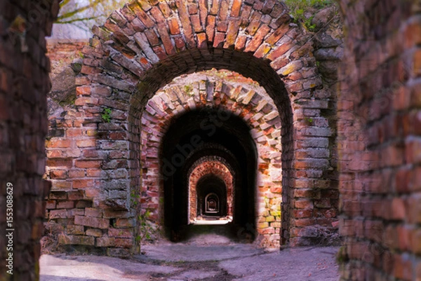 Fototapeta destroyed brick arch old brickwork corridor long dark corridor under the open sky