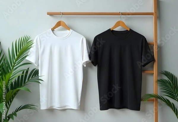 Obraz Plain white and colored t-shirts on hangers, perfect for showcasing your clothing designs and fashion templates