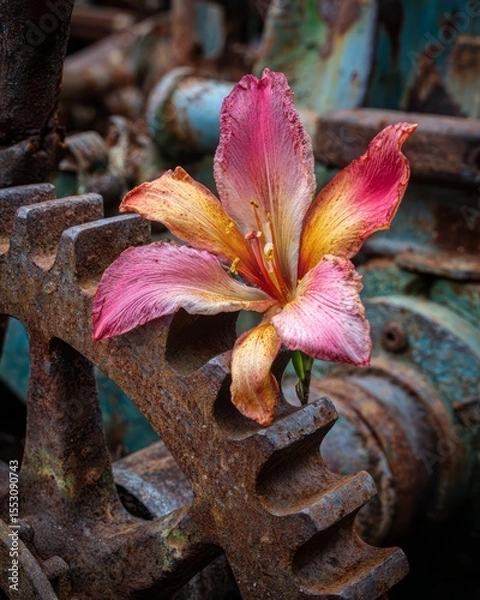 Fototapeta A delicate flower rests amidst rusty machinery.