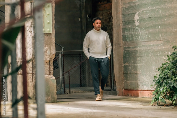 Obraz adult man visiting or traveling walking in ancient monument