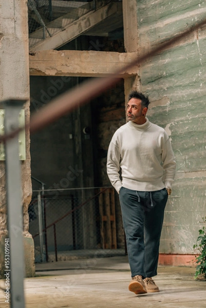 Obraz adult man visiting or traveling walking in ancient monument