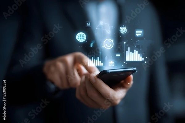 Fototapeta Businessman Using Smartphone with Data Visualization.