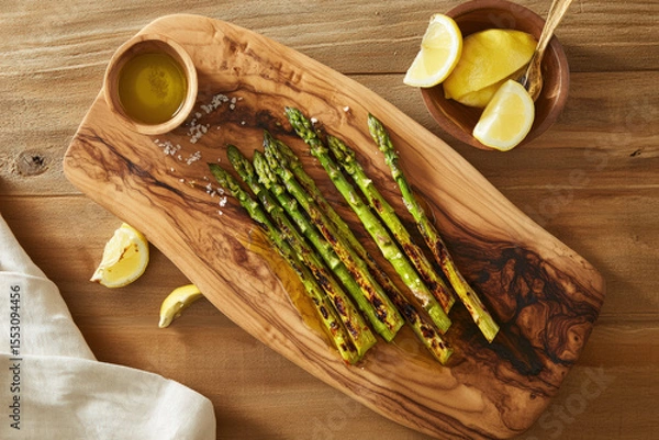 Obraz Grilled Asparagus with Lemon and Oil. Grilled asparagus on a wooden serving board with lemon slices and olive oil.
