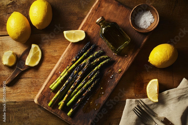 Obraz Grilled Asparagus with Lemon and Oil. Grilled asparagus with lemon, olive oil, and salt, on a wooden board, rustic and appetizing.